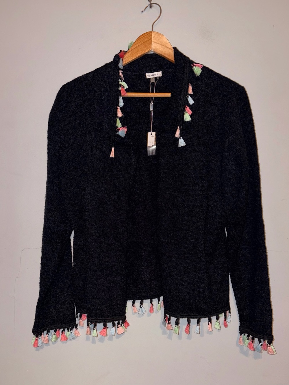 Sioni Black Open Front Cardigan Jacket Multicolor Boho Tassels Sz Medium NWT